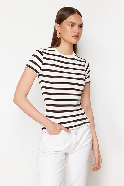 Trendyol Collection Καφέ ριγέ παχύρρευστη/μαλακό ύφασμα πλεκτή μπλούζα με εφαρμογή στο σώμα TWOSS24BZ00296