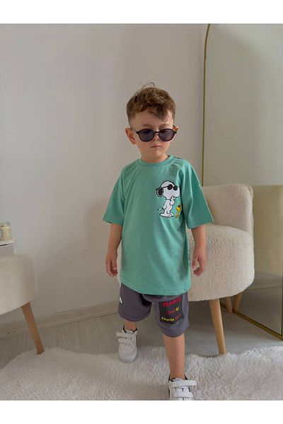 endudu Snoopy Printed Front and Back Printed 2-Piece Summer Suit Shorts - T-shirt
