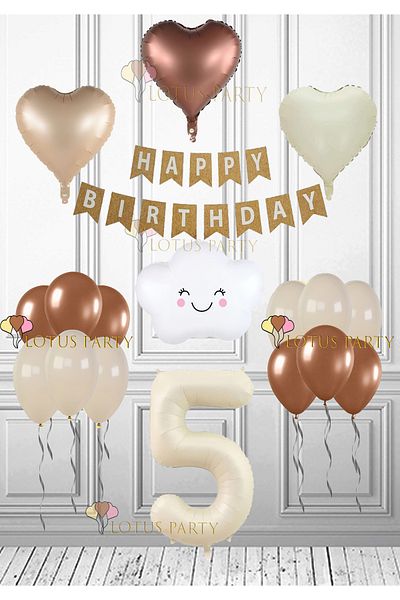 LOTUS PARTY 5 Year Old Retro Birthday Set - Cloud Foil Balloon, Cream Number Foil, Kraft Happy Heart Foil Balloon