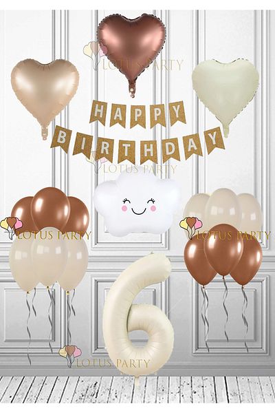 LOTUS PARTY 6 Year Old Retro Birthday Set - Cloud Foil Balloon, Cream Figure Kraft Happy Heart