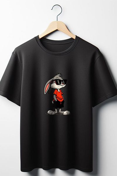 Vordevia Μπλουζάκι Bugs Bunny με στάμπα Oversize Φαρδιά Εφαρμογή Unisex Μαύρο Tshirt με λαιμόκοψη