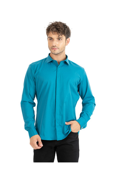 MARCIO MORO Erkek Mavi Klasik İtalyan Yaka  Uzun Kol Likrali Hediye Kutulu Gö...