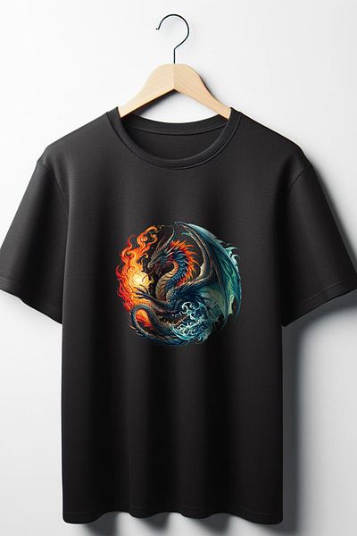 Vordevia Μαύρο μπλουζάκι με στάμπα Dragon Oversize Wide Fit Unisex Crew Neck