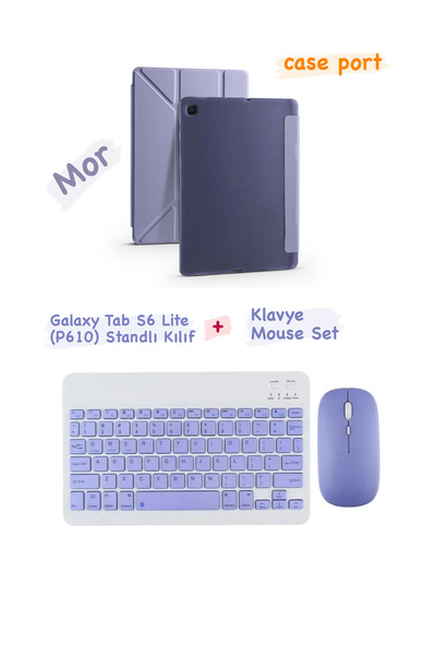 case port Galaxy Tab S6 Lite (P610) Uyumlu Bluetooth Klavye Mouse Set Standlı...
