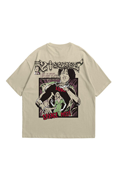 Scrovtie 21 Savage Savage Mode Printed Beige Oversize T-shirt - Crew Neck, κο...