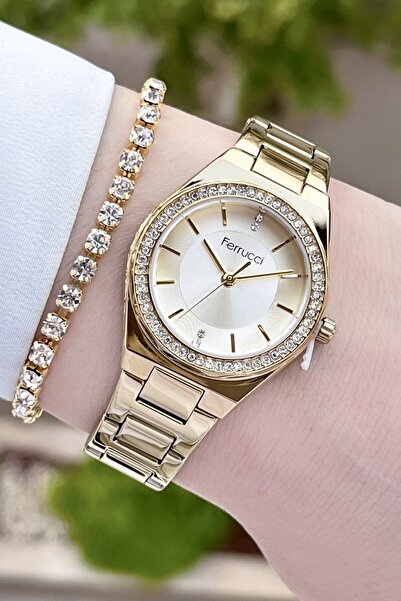 Ferrucci Sarı Renk 24 Ay Garantili Kadın Kol Saati ve Bileklik