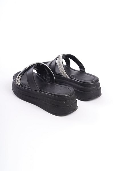 BZ Moda MILA Flat Heeled Stone Cross Stripe Χοντρή και Ορθοπεδική Σόλα Γυναικείες Παντόφλες ST Μαύρο