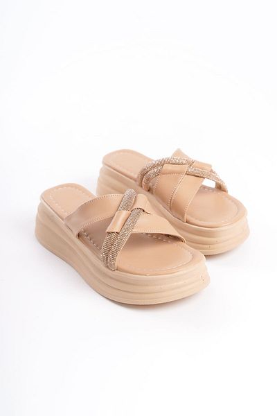 BZ Moda MILA Flat Heeled Stone Cross Stripe Χοντρή και Ορθοπεδική Σόλα Γυναικείες Παντόφλες TT Skin