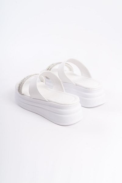 BZ Moda Papuci de damă LAILA, cu toc plat, în dungi, cu talpă groasă și ortopedică, BT White