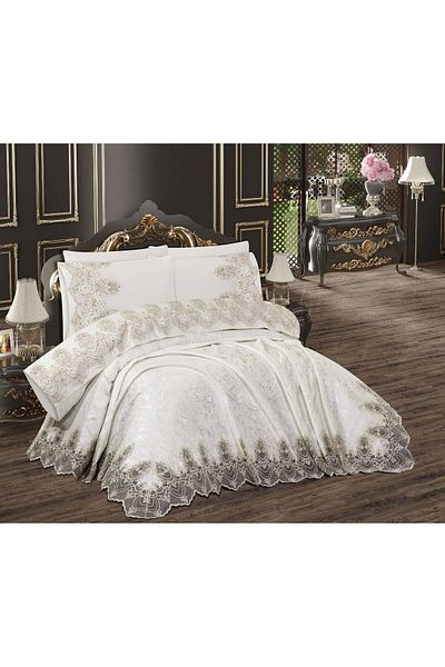 Hızlı Çeyiz Set de lenjerie de pat dublu din bumbac brocart, 6 piese, cu dantelă franceză de lux, de calitate superioară