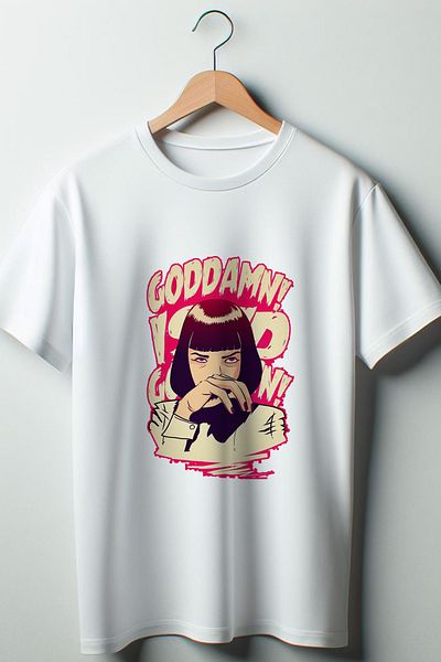 Vordevia Tricou alb unisex cu decolteu rotund cu imprimeu Pulp Fiction