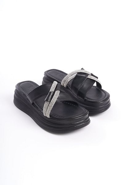 BZ Moda MILA Flat Heeled Stone Cross Stripe Χοντρή και Ορθοπεδική Σόλα Γυναικείες Παντόφλες ST Μαύρο