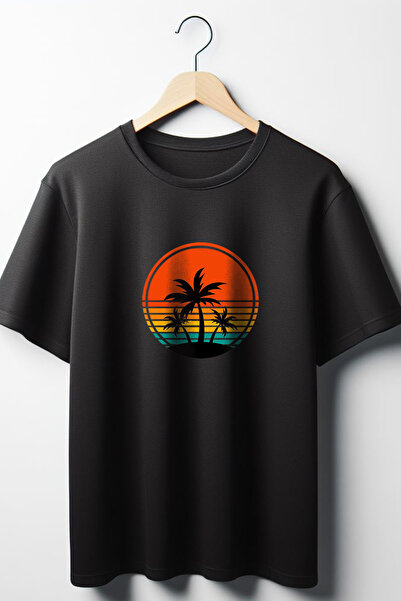 Vordevia Palm Štampano Oversize kroj Wide Fit Unisex okrugla kragna crna majica