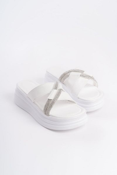 BZ Moda Papuci de damă MILA cu toc plat, cu dungi încrucișate, cu talpă groasă și ortopedică, BT White