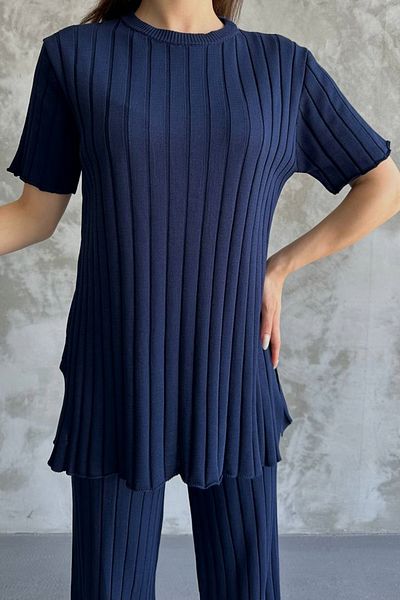lovebox Round Neck Short Sleeve Top and High Waist Wide Leg Pants Navy Blue Ribbed Knitwear Suit 1140