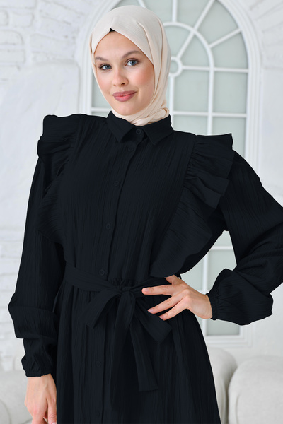 QLAY Kadın Siyah Volanlı Kemerli Dokuma Elbise