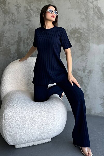 lovebox Round Neck Short Sleeve Top and High Waist Wide Leg Pants Navy Blue Ribbed Knitwear Suit 1140