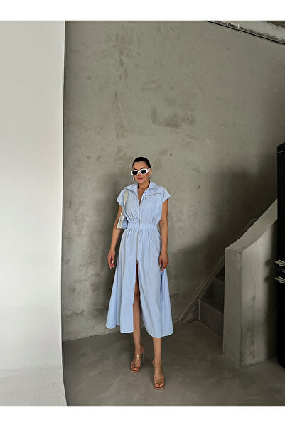 Laluvia Rochie din poplin cu fermoar albastru