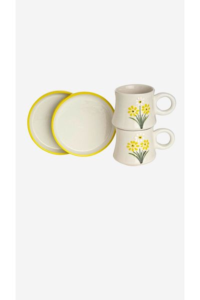 Gezdikçe Bilelim 2-Piece Set Daisy Patterned Handmade Boiler Ceramic Coffee Cup, Coffee Cup