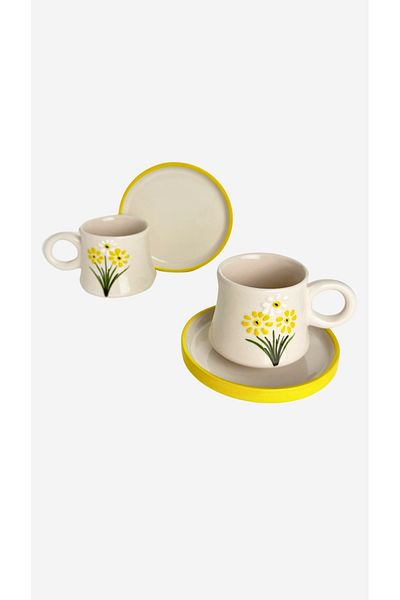 Gezdikçe Bilelim 2-Piece Set Daisy Patterned Handmade Boiler Ceramic Coffee Cup, Coffee Cup