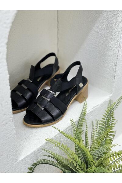 Mammamia D24YS-1500 ÜÇ BANTLI LASTİKLİ HAKİKİ DERİ 6CM TOPUKLU SANDALET