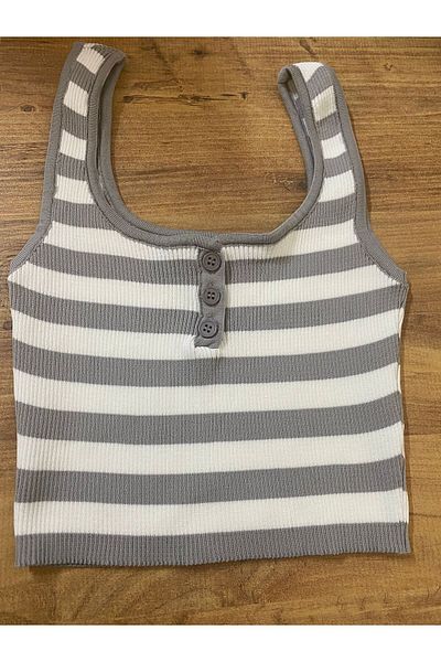 My Blog Γκρι-λευκό κουμπωμένο ριγέ Crop Tank Top
