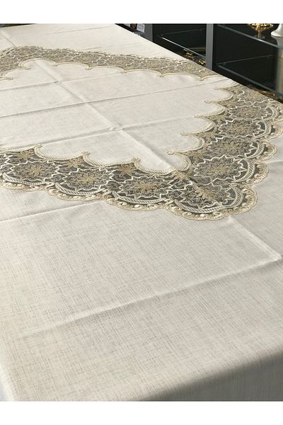 Santara Față de masă Avangarde din in, culoare crem, cu dantelă, rezistentă la pete, model 160 x 260