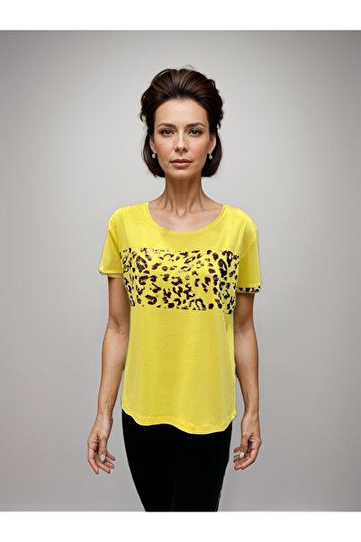 Okçu Triko Bisiklet Yaka Baskılı Kısa Kollu Sarı Bluz