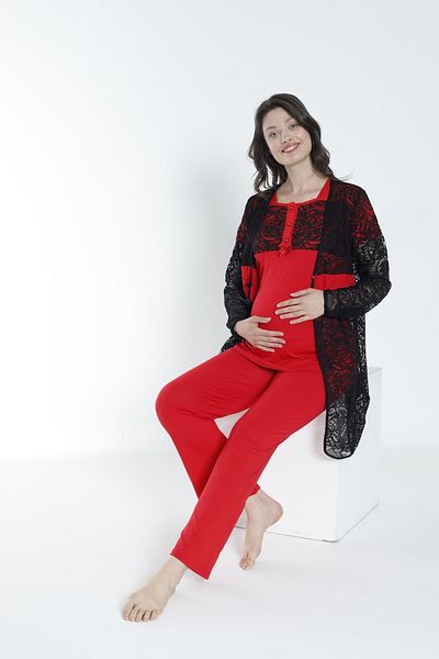 Miss Dünya Lissa Short Sleeve Maternity and Maternity Pajama Set with Lace Dressing Gown