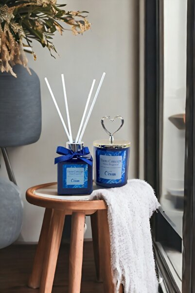 Tiem Concept Kalp Gümüş Başlıklı Okyanus Kokulu Lacivert Bardak Mum Ve Çubukl...