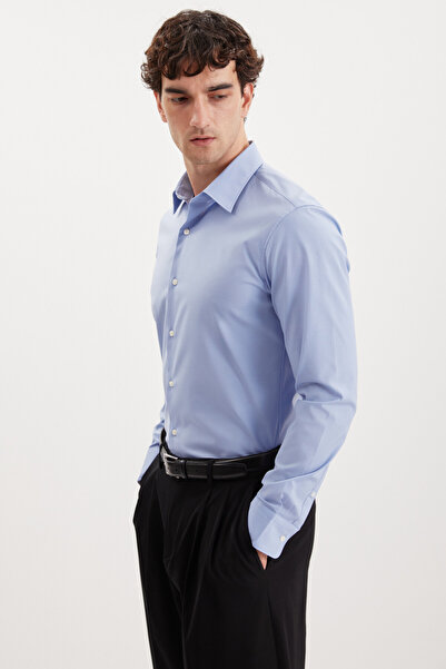 GRIMELANGE Ανδρικό πουκάμισο μπλέ ποπλίνα Branham εξαιρετικά εύκαμπτο από ύφασμα ελαστάν με λεπτή εφαρμογή