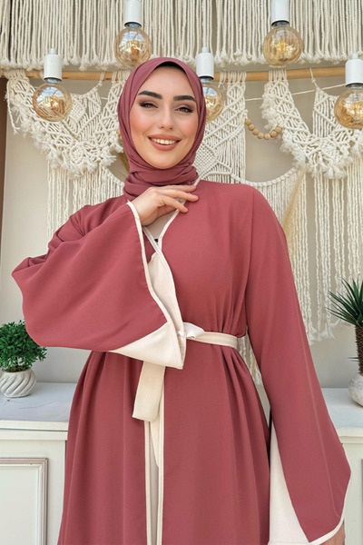 Bym Fashion Dried Rose Embroidery Detailed Abaya 7901 - Waist Belted