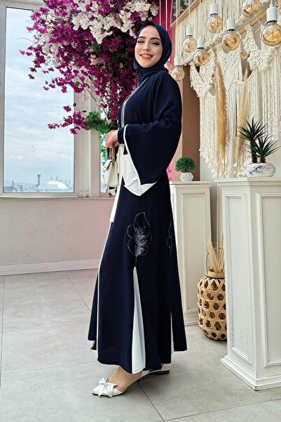 Bym Fashion Navy Blue Abaya - Embroidered and Waist Belted Model 7901