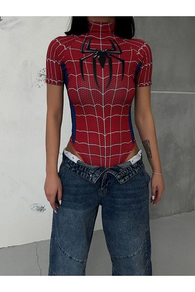 Touz Moda Digital Printed Short Sleeve Spider Snap Crop Blouse