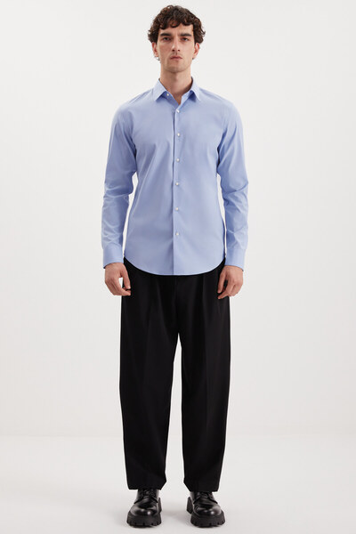 GRIMELANGE Ανδρικό πουκάμισο μπλέ ποπλίνα Branham εξαιρετικά εύκαμπτο από ύφασμα ελαστάν με λεπτή εφαρμογή