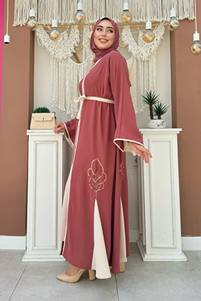 Bym Fashion Dried Rose Embroidery Detailed Abaya 7901 - Waist Belted