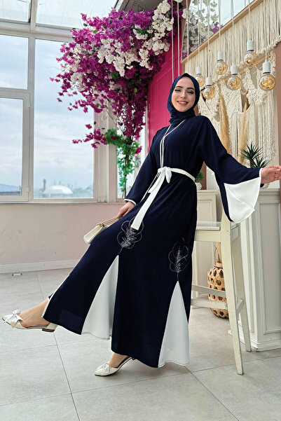 Bym Fashion Navy Blue Abaya - Embroidered and Waist Belted Model 7901