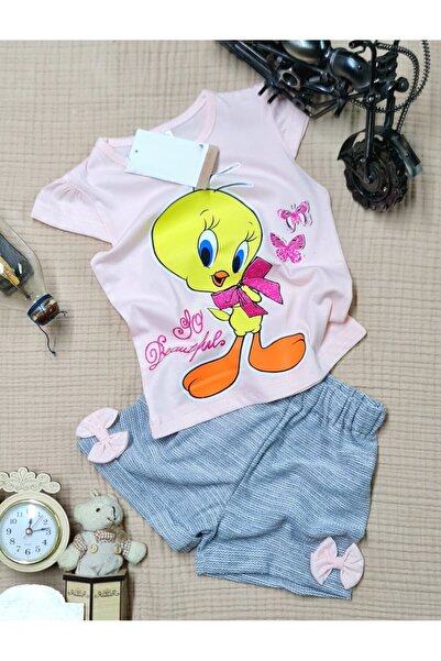 BUUFUU Tweety Printed Glitter Butterfly Short Sleeve Bow Shorts Girls' Suit