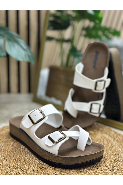 İmerShoes Daily Women's White Slippers Single Toe Comfortable Cork Sole Buckle Adjustable Sandals 34162