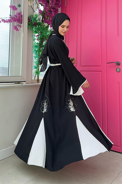 Bym Fashion Black Embroidered Abaya - 7901 Model, Waist Belted and Embroidered