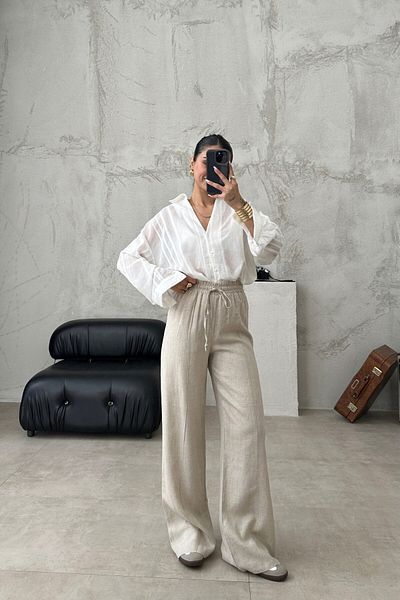My Blog Παντελόνι Palazzo 100% Λινό Χρώμα Πέτρας 3455