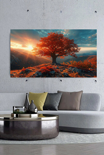 EMİLART Dekoratif Sunset Doğa Manzaralı Kırmızı Ağaç Sonbahar Kanvas Tablo