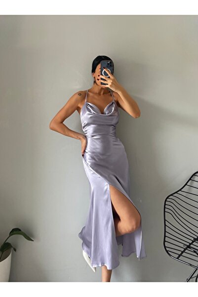 Rabury Butik Yırtmaç Detay Askılı Gri Saten Elbise
