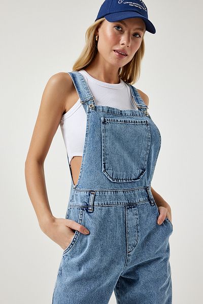 Happiness İstanbul Hellblauer Damen-Jumpsuit aus Denim mit weiten Taschen und Gärtner-Print RV00162