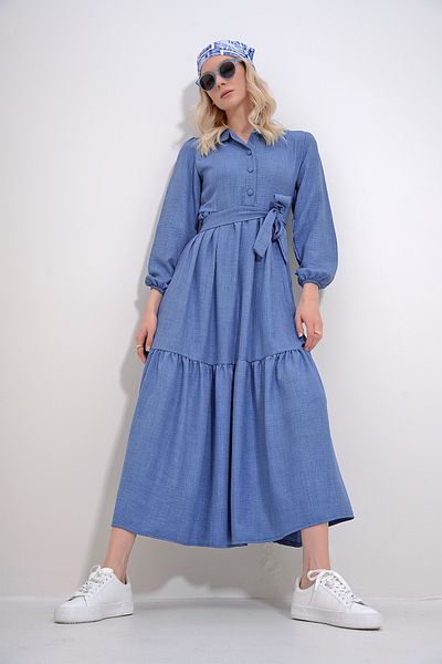 Trend Alaçatı Stili Women's Aviator Blue Buttoned Front Skirt Flounced Flamed Linen Maxiboy Dress ALC-X12045