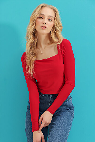 Trend Alaçatı Stili Női vörös szögletes nyalú Sandy szövetű rövid blúz ALC-X9374