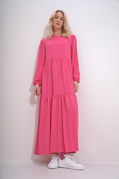 Trend Alaçatı Stili Rochie de damă, fucsia, cu gât de barcă, mânecă cu balon, stratificată, cu talie cu volan, cu curea, țesută din viscoză ALC-X12053