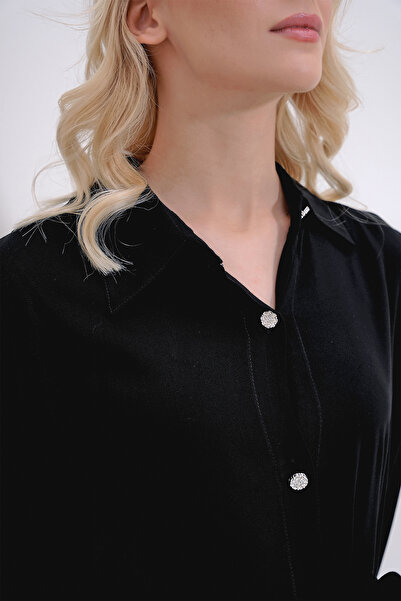 Trend Alaçatı Stili Damski czarny kołnierzyk koszuli, guziki z kamieniami, szczegółowa spódnica, plisowana, tkana sukienka z wiskozy ALC-X12061