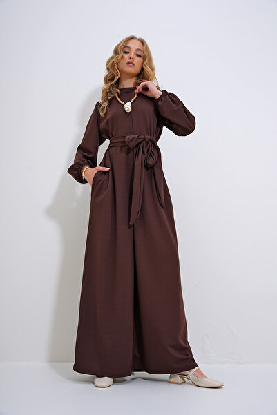 Trend Alaçatı Stili Dámská hnědá kombinéza se stojáčkem, límeček, zip, princezna rukáv pas, pas ALC-X12041