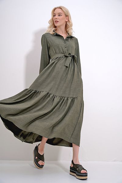 Trend Alaçatı Stili Women's Khaki Buttoned Front Skirt Flounced Flamed Linen Maxiboy Dress ALC-X12045